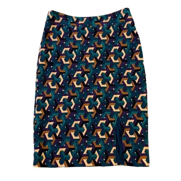 MAEVE Anthropologie Teal Geometric Pencil Skirt Sz S Knee-Length Bodycon Preppy - Picture 3 of 8